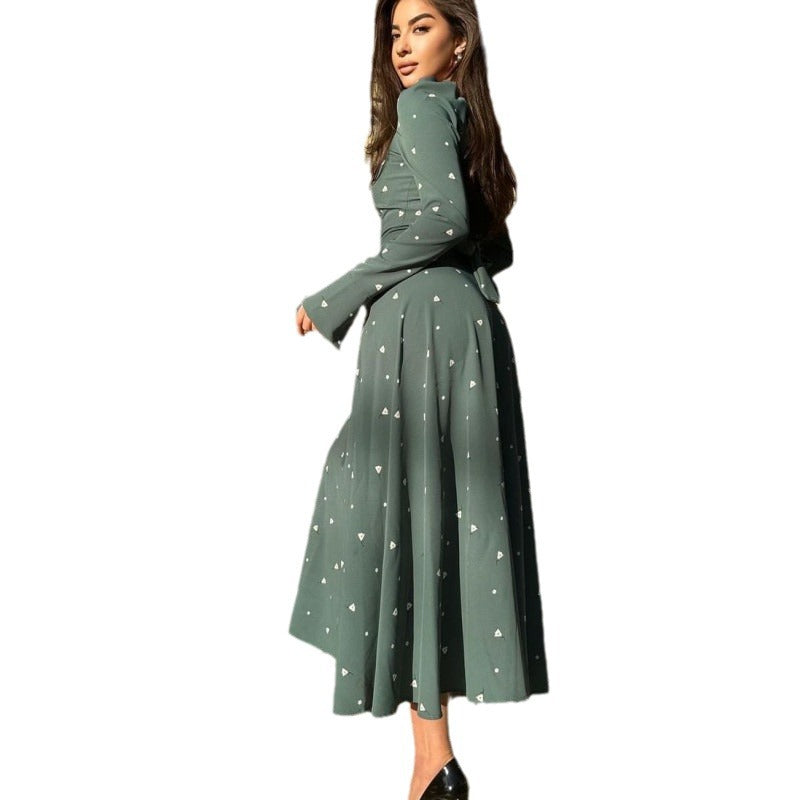 Autumn Fashion Chic Printed Long Sleeve High Waist Belted Women's Long Dress 8