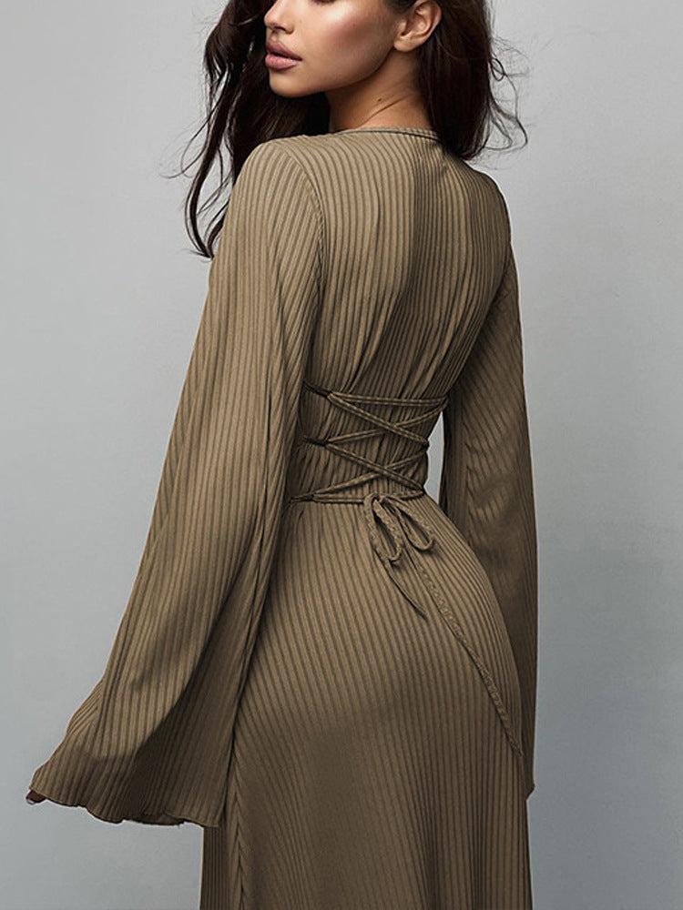 Plus Size Women Belt Bottom Long Sleeve Ribbed Dress 17