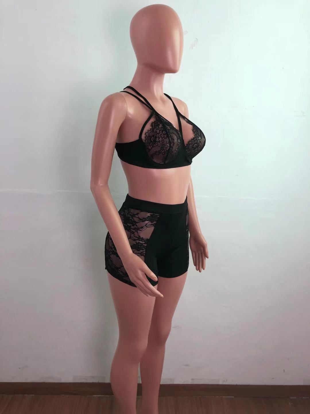 Women Body-fitting Lace Shoulder Strap Lace Two-piece Set 12