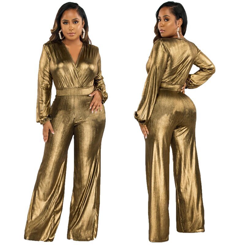 Sexy V Neck Shiny Long Sleeve Ladies Jumpsuit 20
