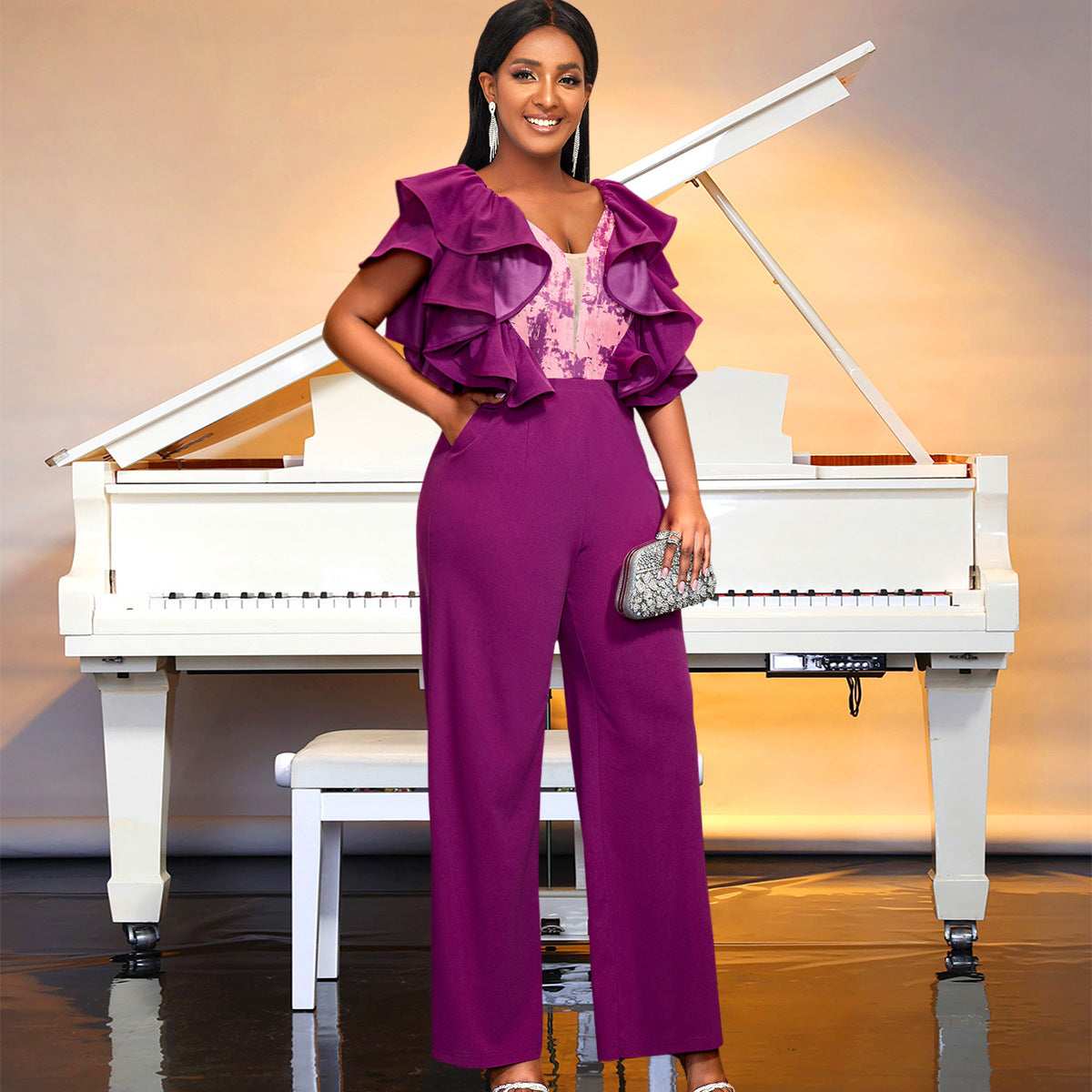 Sexy Low Back Formal Party Ruffle Women's Jumpsuit