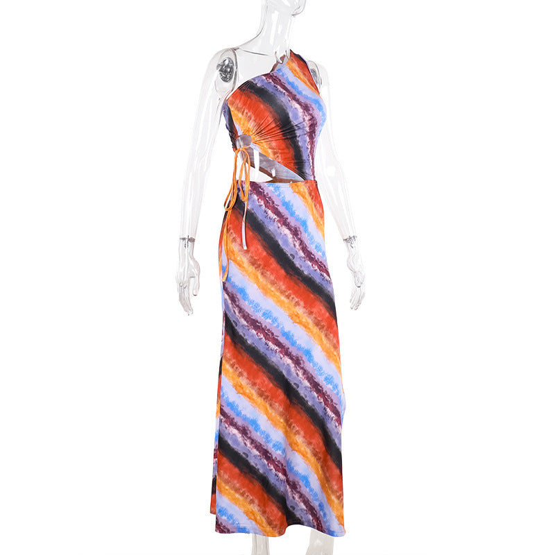 Women summer sexy Slash Shoulder printed hollow slit Bodycon dress 9