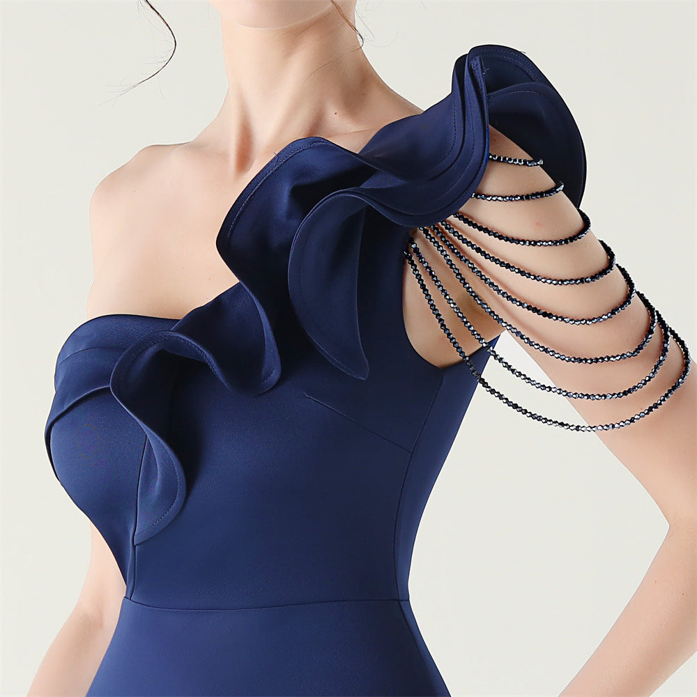 Women ruffled one-shoulder beaded fishtail formal party evening dress 32