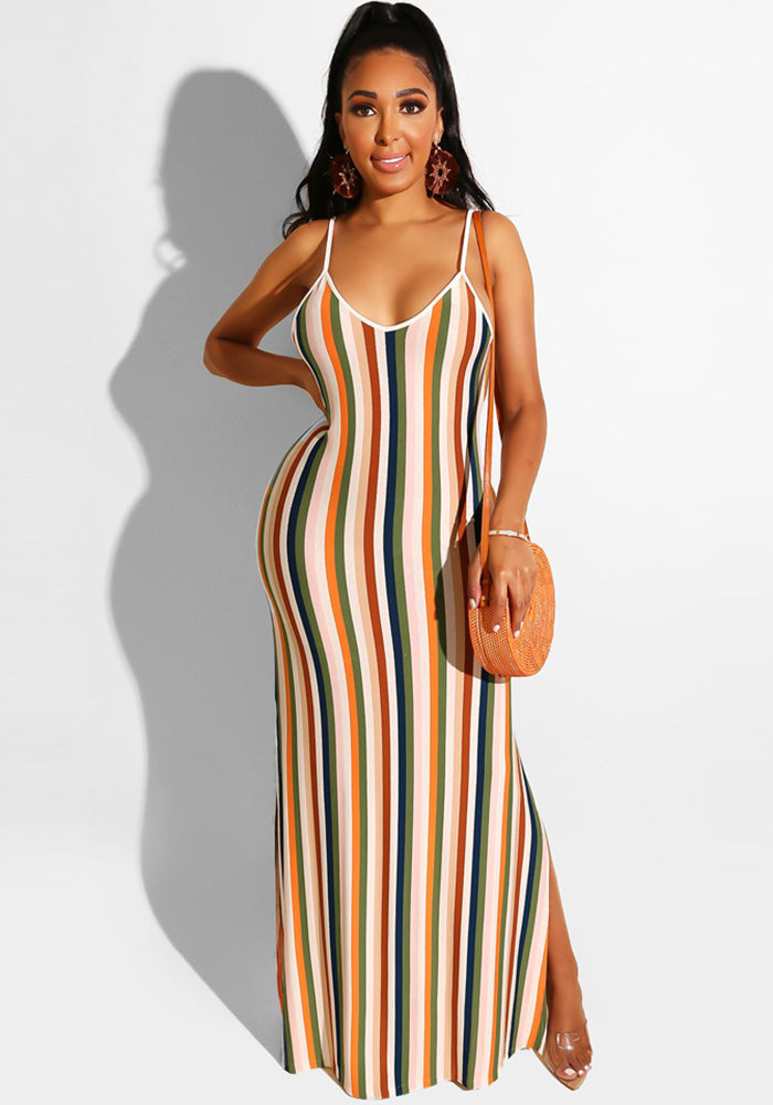 Women sexy striped Backless suspender slit dress