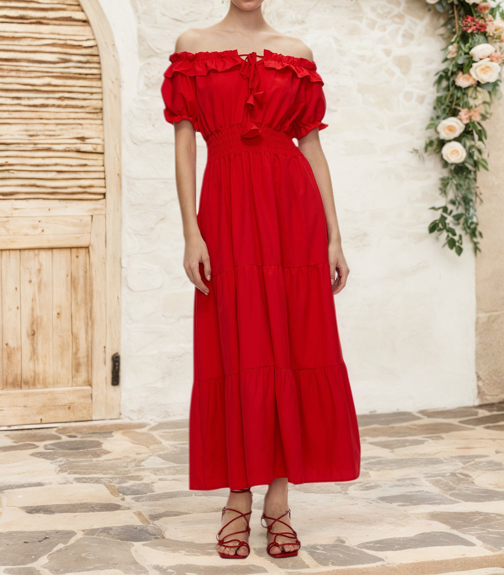 women's off-shoulder ruffle bubble short sleeve lace-up dress