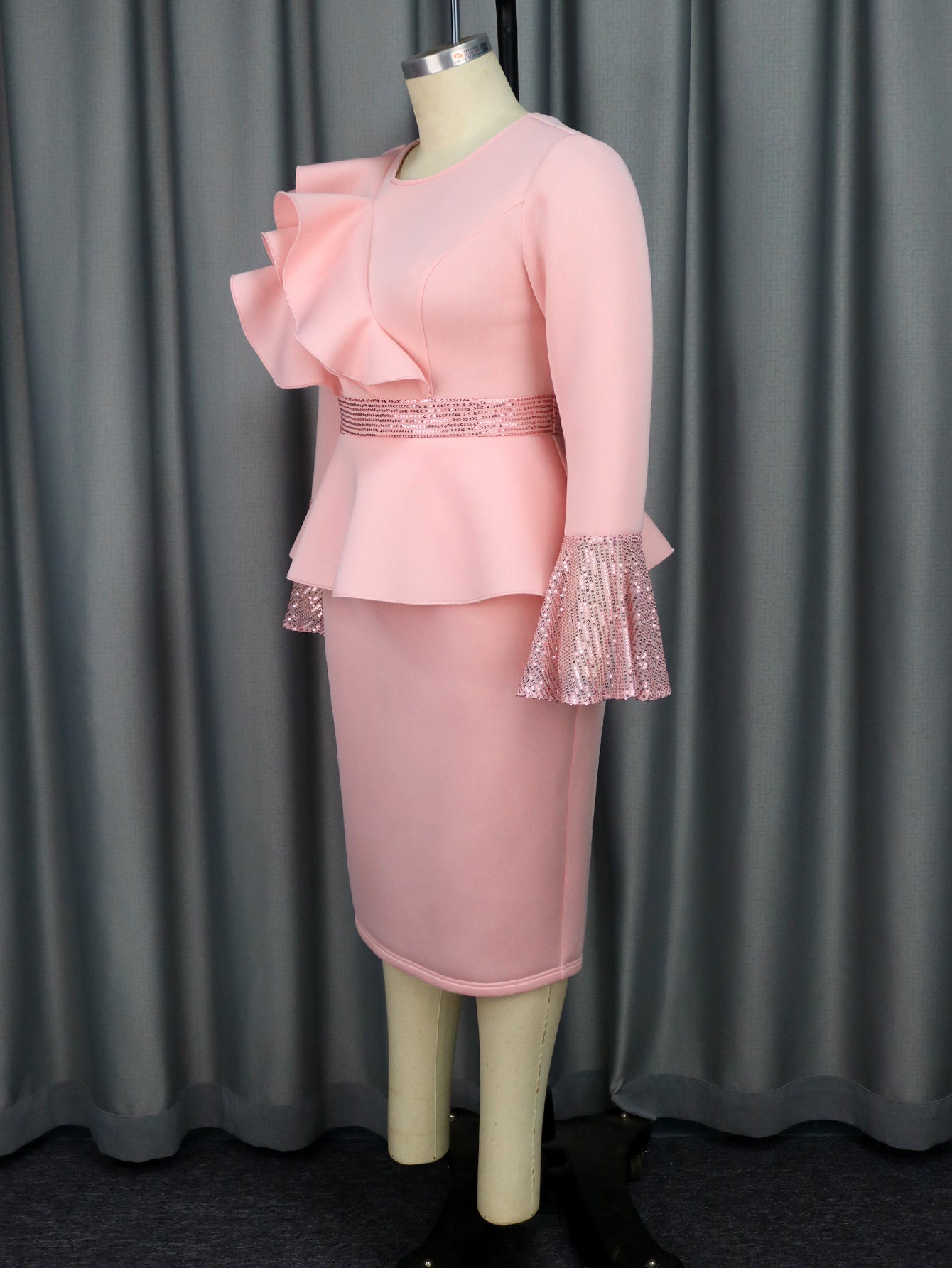 Women Round Neck Bell Bottom Sleeve Party Ruffle Sequin Dress 5