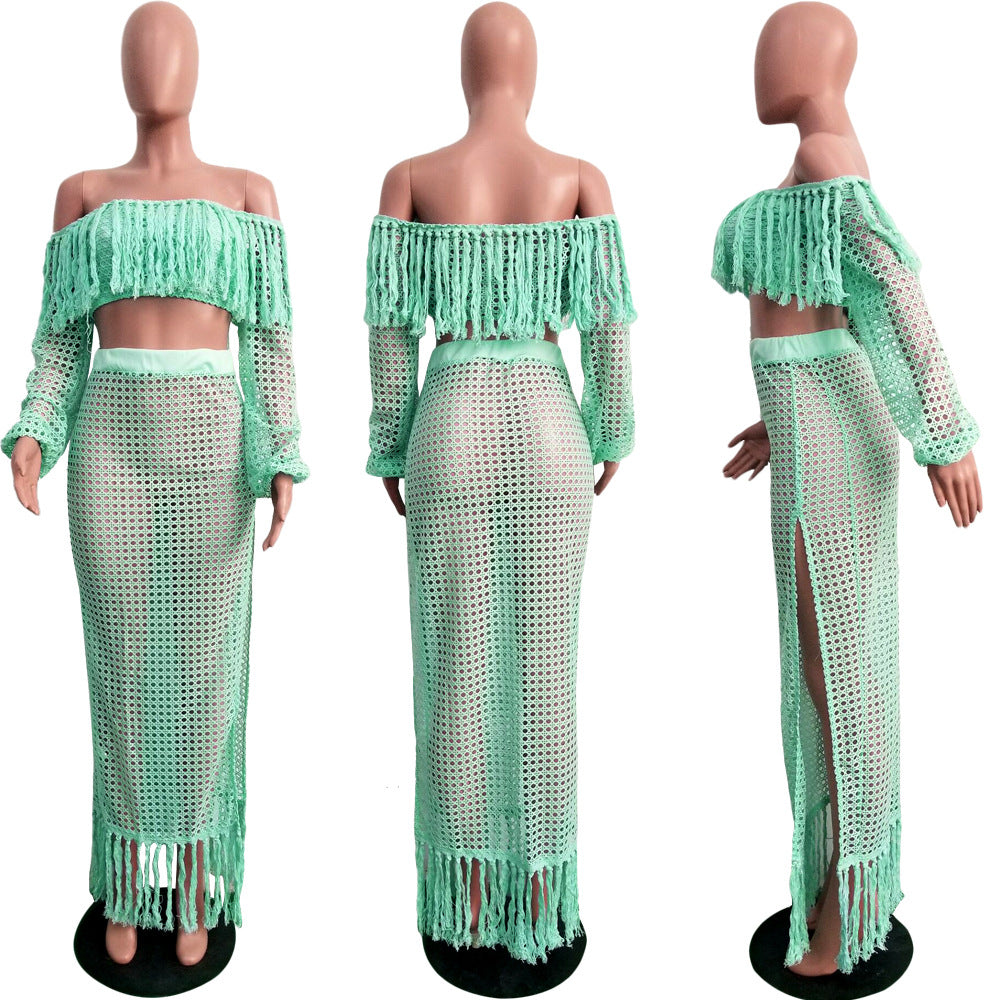 Summer Hollow Sexy Fashion Mesh Tassel See-Through Two-Piece Skirt Set 40
