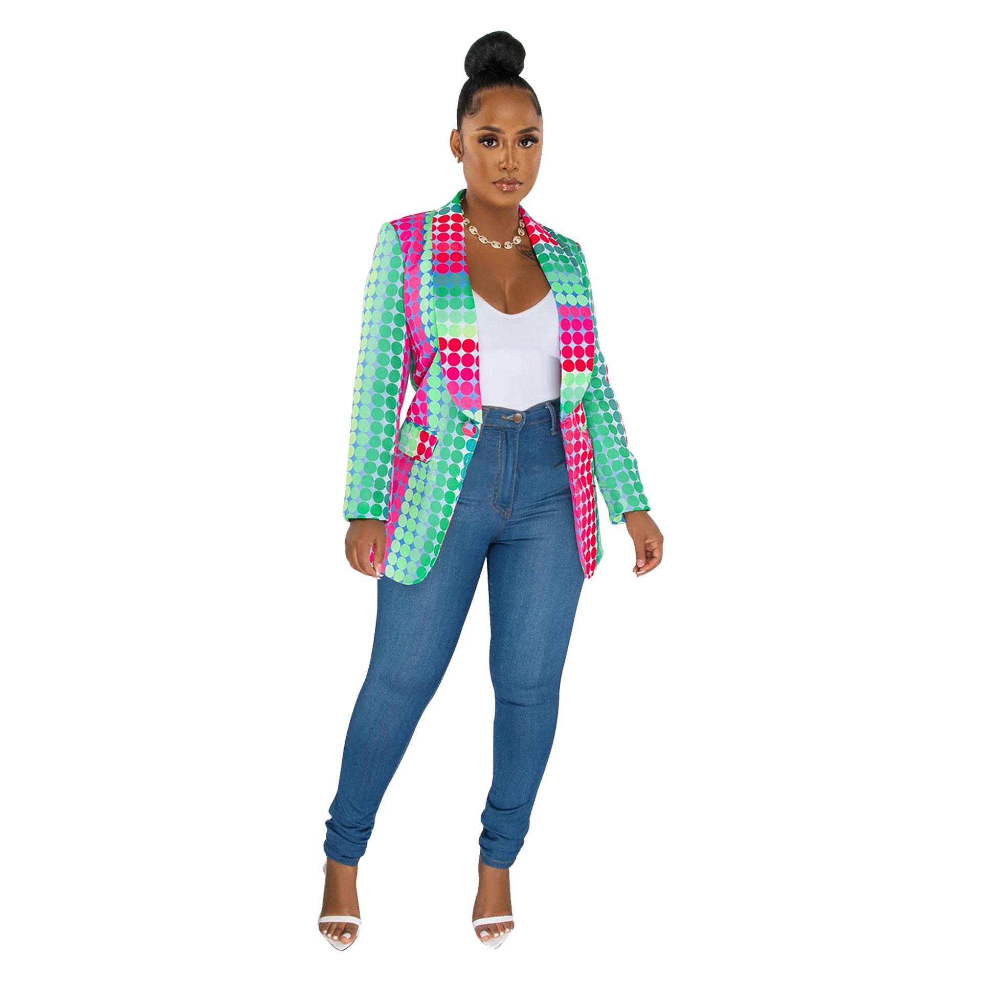 Women's Print Turndown Collar V-Neck Long-Sleeved Blazer 6