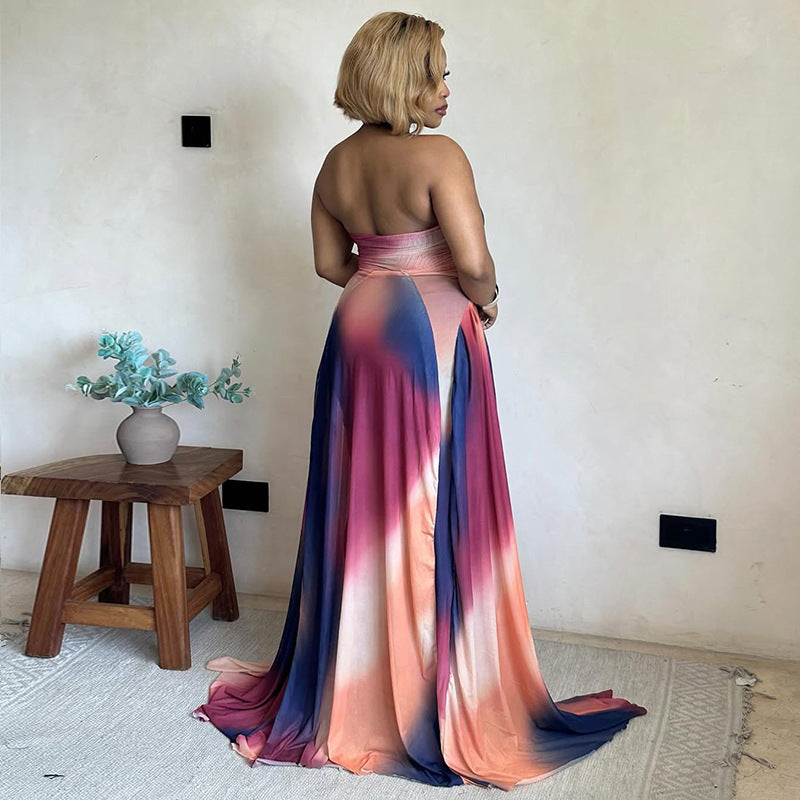 Women gradient pleated Halter neck backless dress