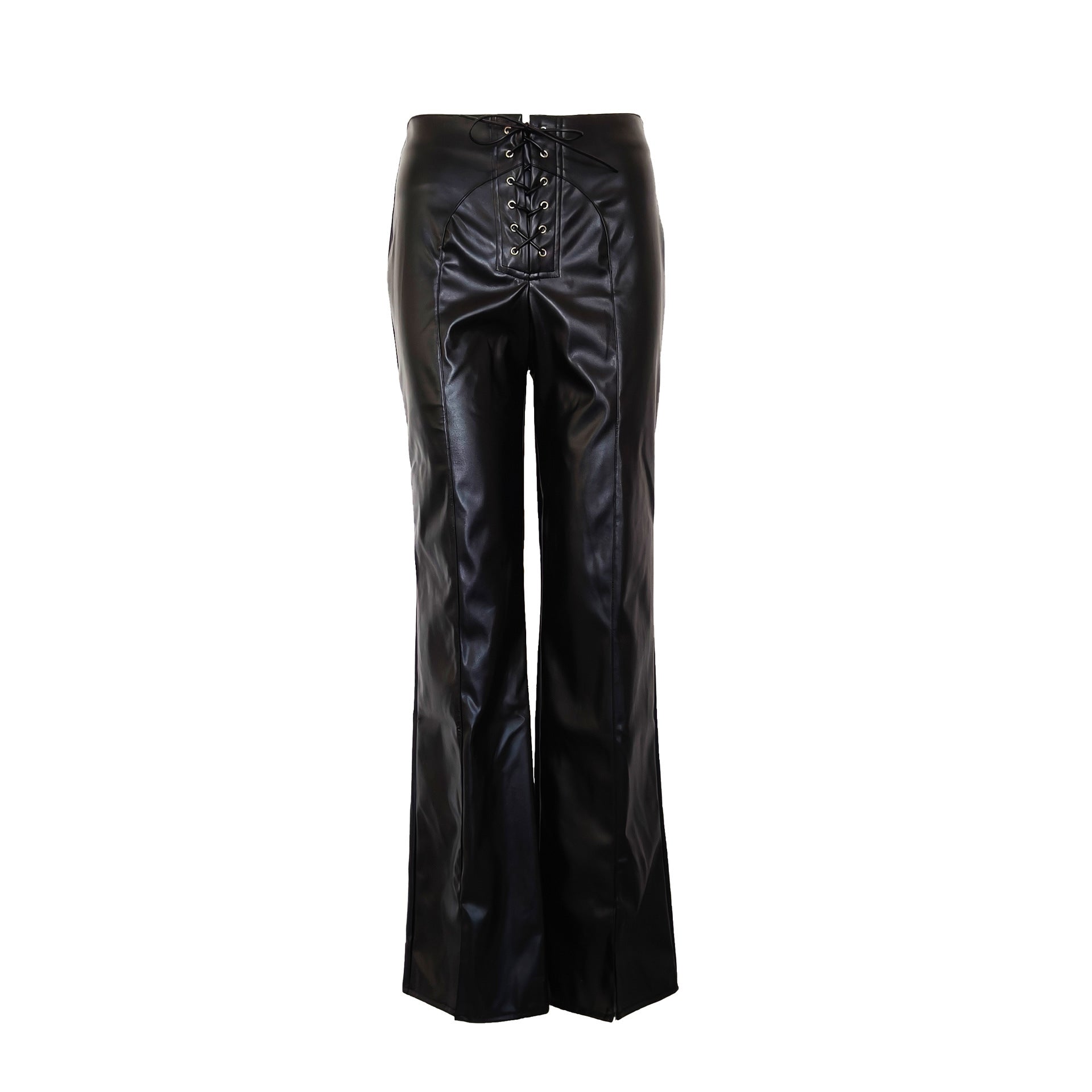 Autumn Women's Cool Pu Tie-Up High Waist Slit Leather Pants 8