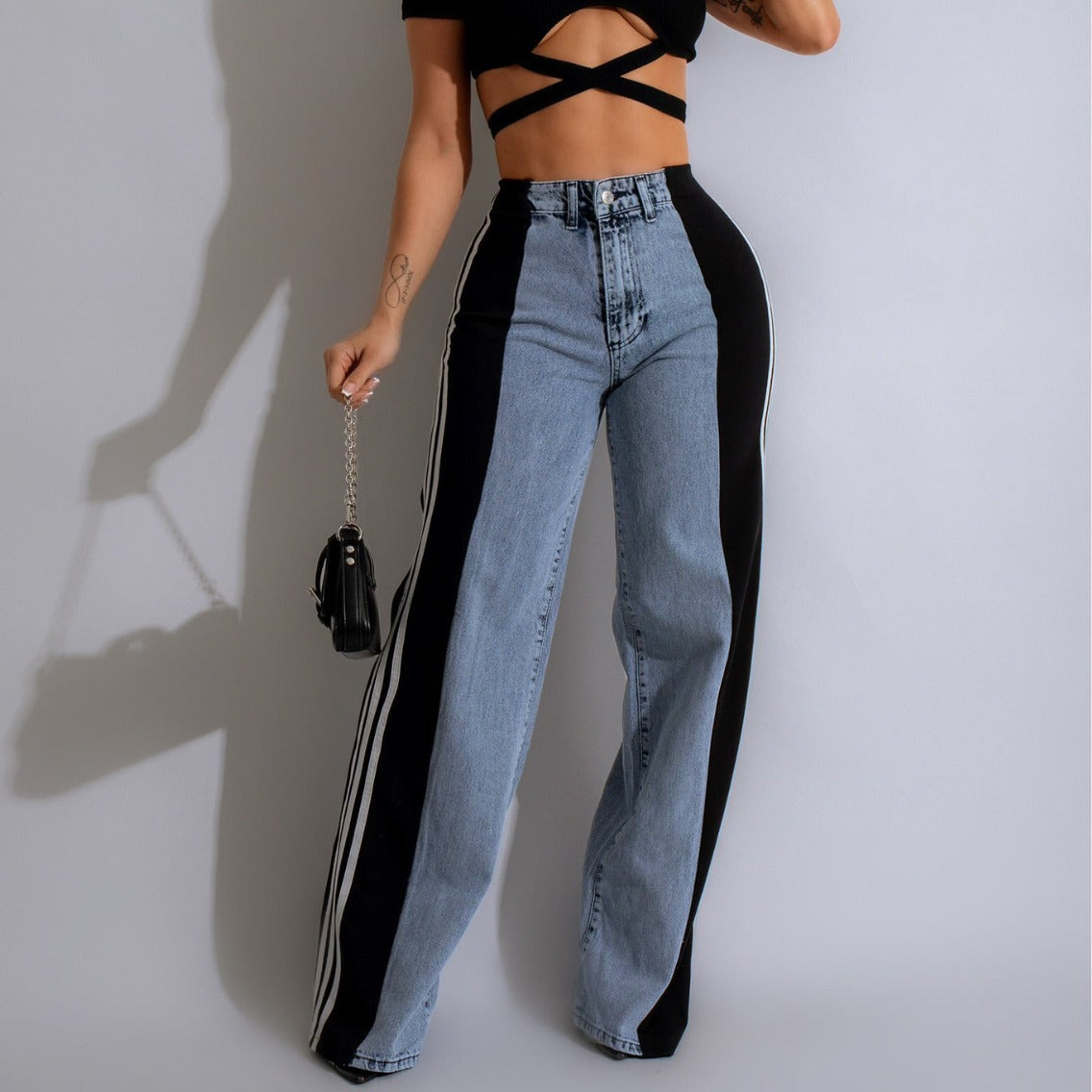 Summer Fashion Patchwork Three Stripes Wide Leg Denim Pants Women's Casual High Waist Stretch Straight Jeans 17