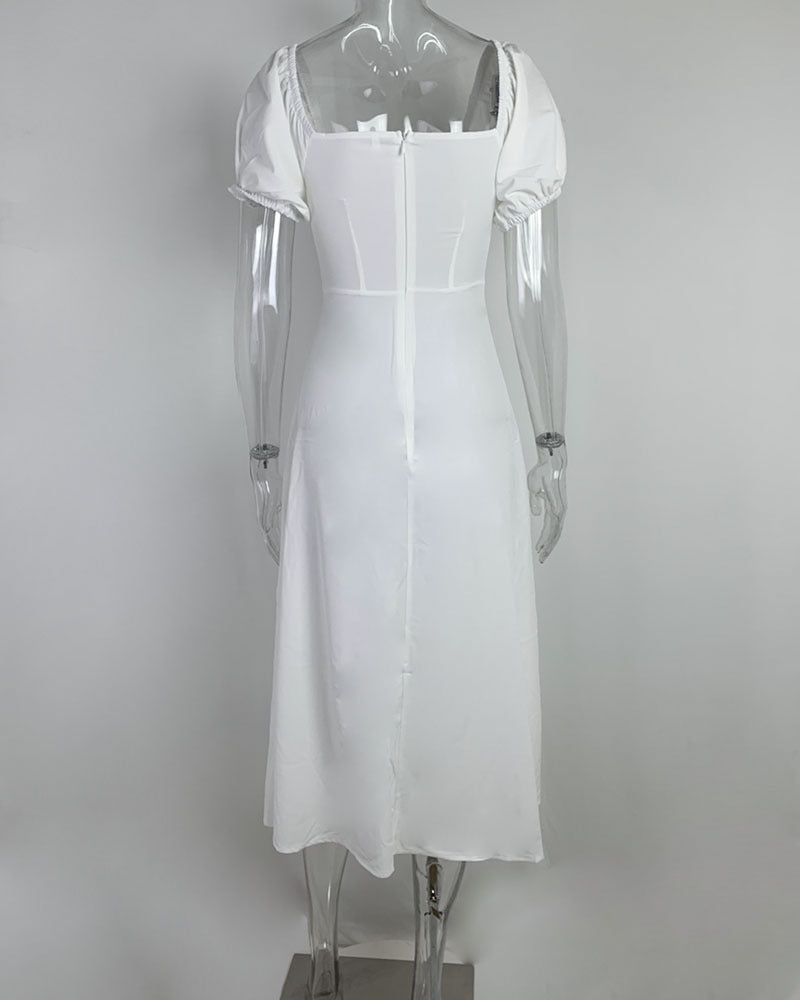 Spring Summer Dress Women's Slimming Off Shoulder Puff Sleeve Tie Slit Long Dress 15