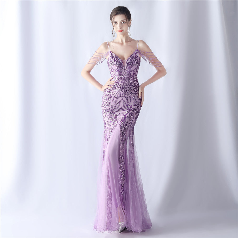 Women beaded mesh evening dress 10
