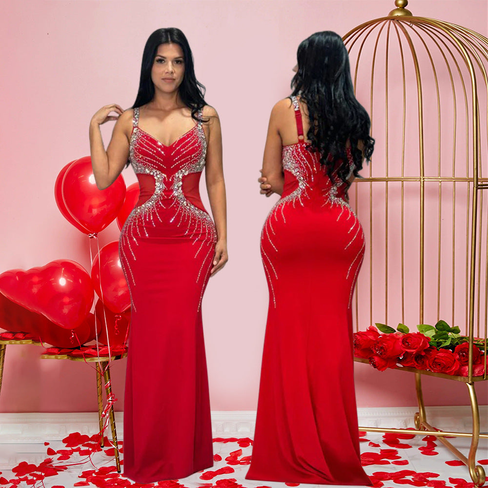 Sexy Strap V-Neck Slim Beaded Long Dress 4