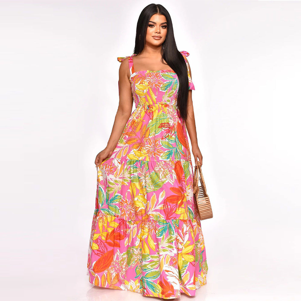 Women Off Shoulder Sleeveless Tie Print Beach Dress 12