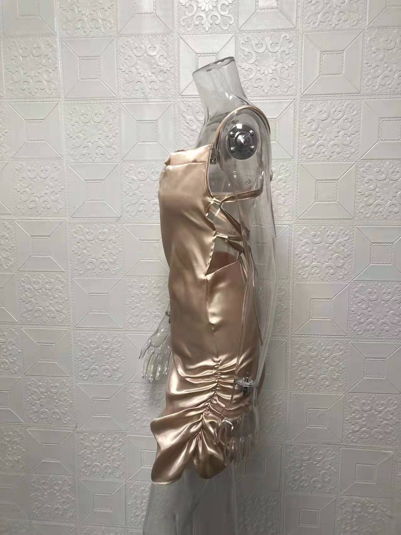 Women Sexy Strapless Pleated Backless Hollow Strap Dress 53