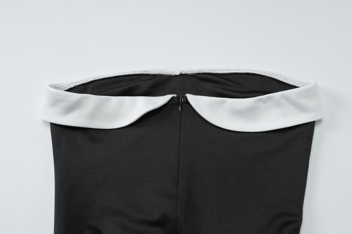 Women's Spring Patchwork Slim Waist Strapless A-Line Dress 9