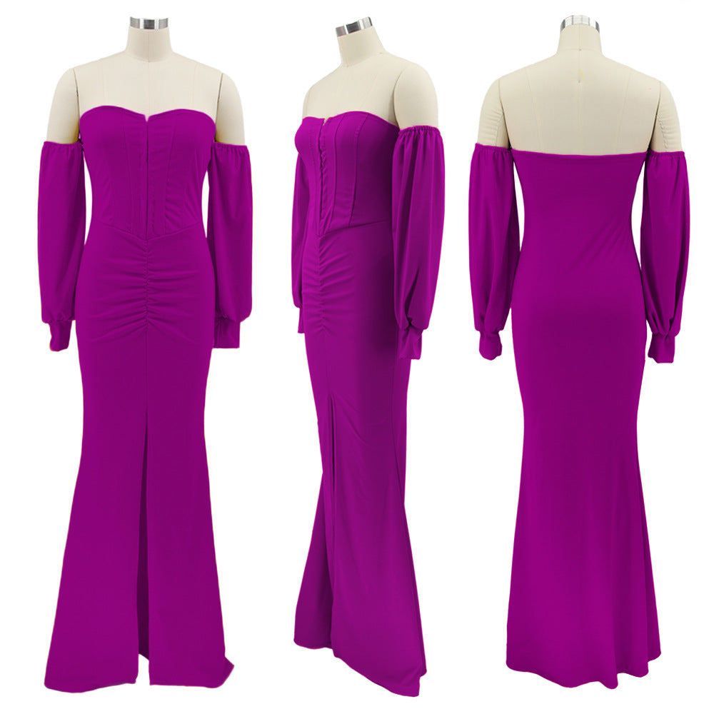 Women Solid Corset Sexy Long Sleeve Slit Party Dress 13