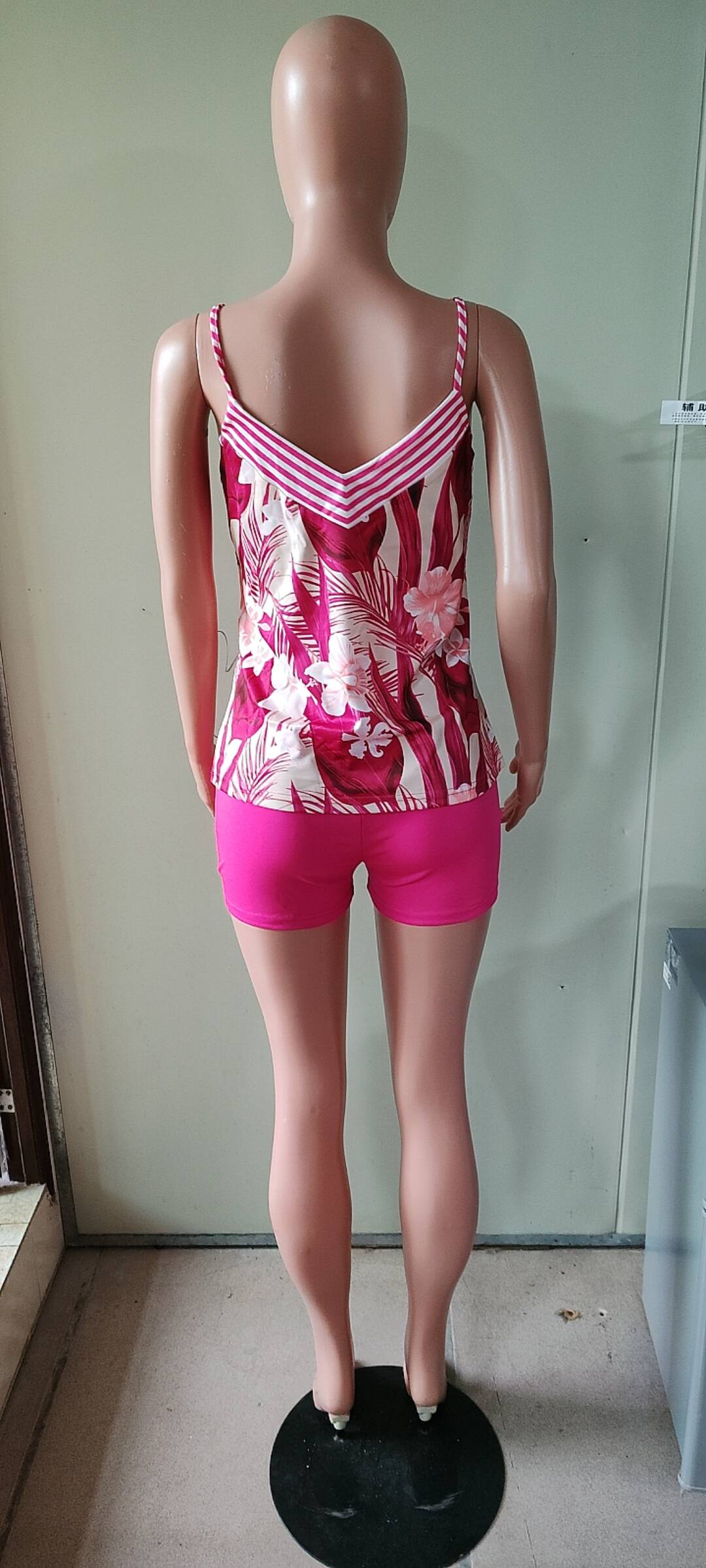 Women's Summer Solid Color Contrast Print Two Piece Shorts Set 5