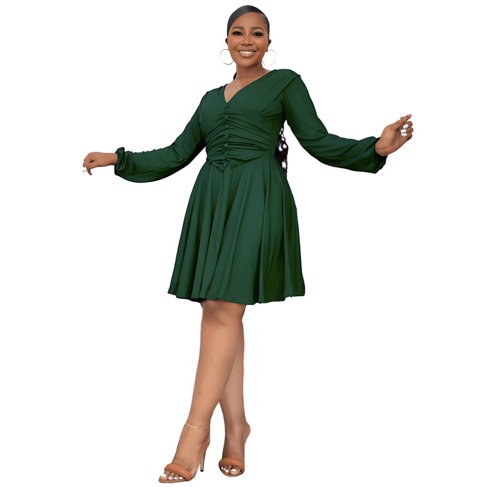 Slim Fit Chic V Neck Long Sleeves Slim Waist A-Line Midi Dress Women's Summer Dress 7