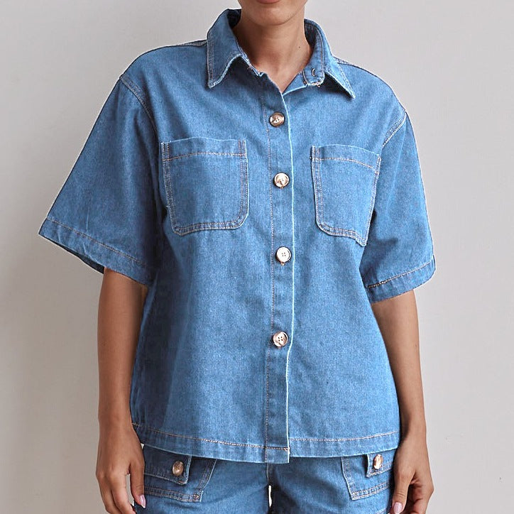 Summer Women's Casual Loose Denim Shirt Shorts Set 10