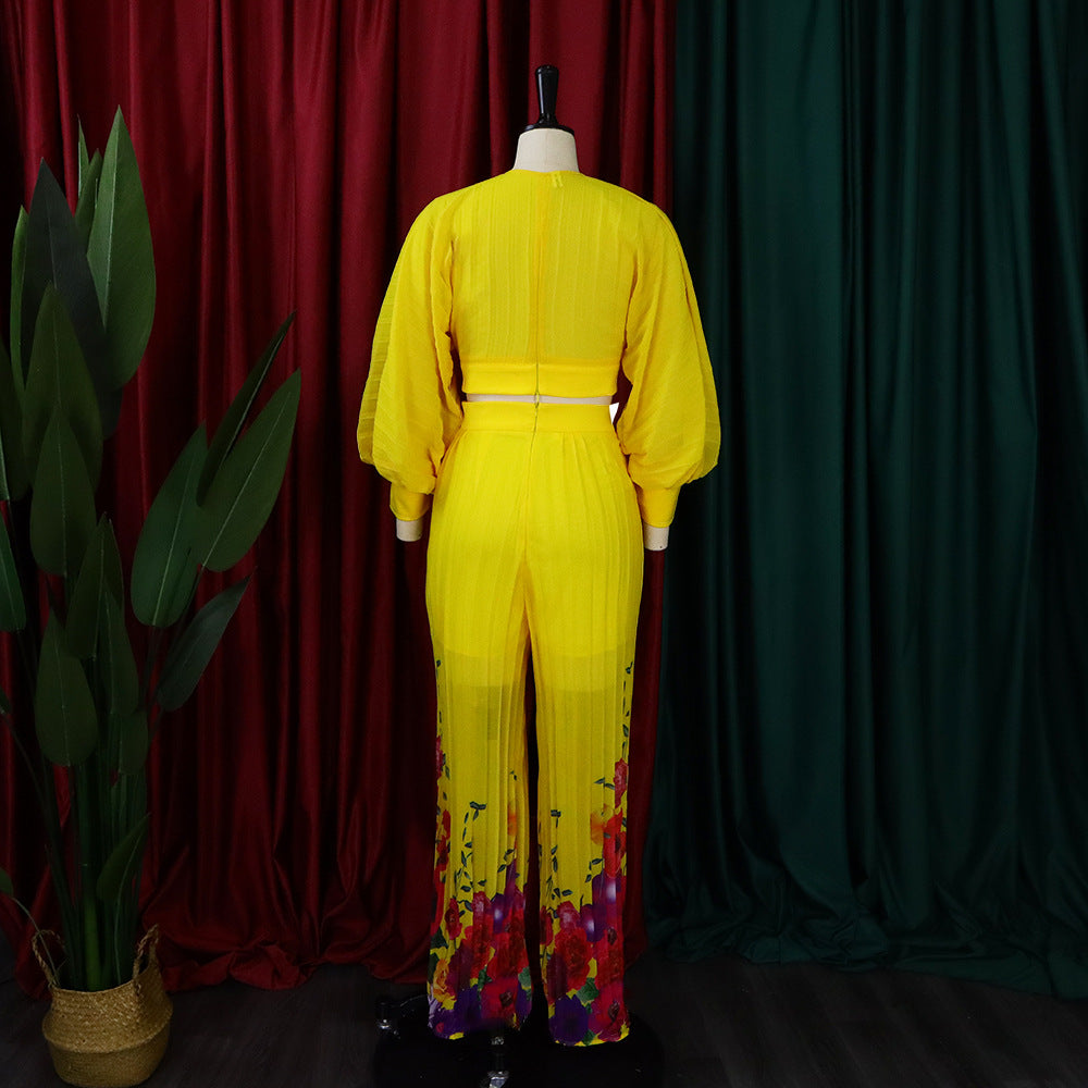 Fashion Suit Women's V-Neck Bat Sleeves Chiffon Top Pleated Wide Leg Pants Two Piece Set 11