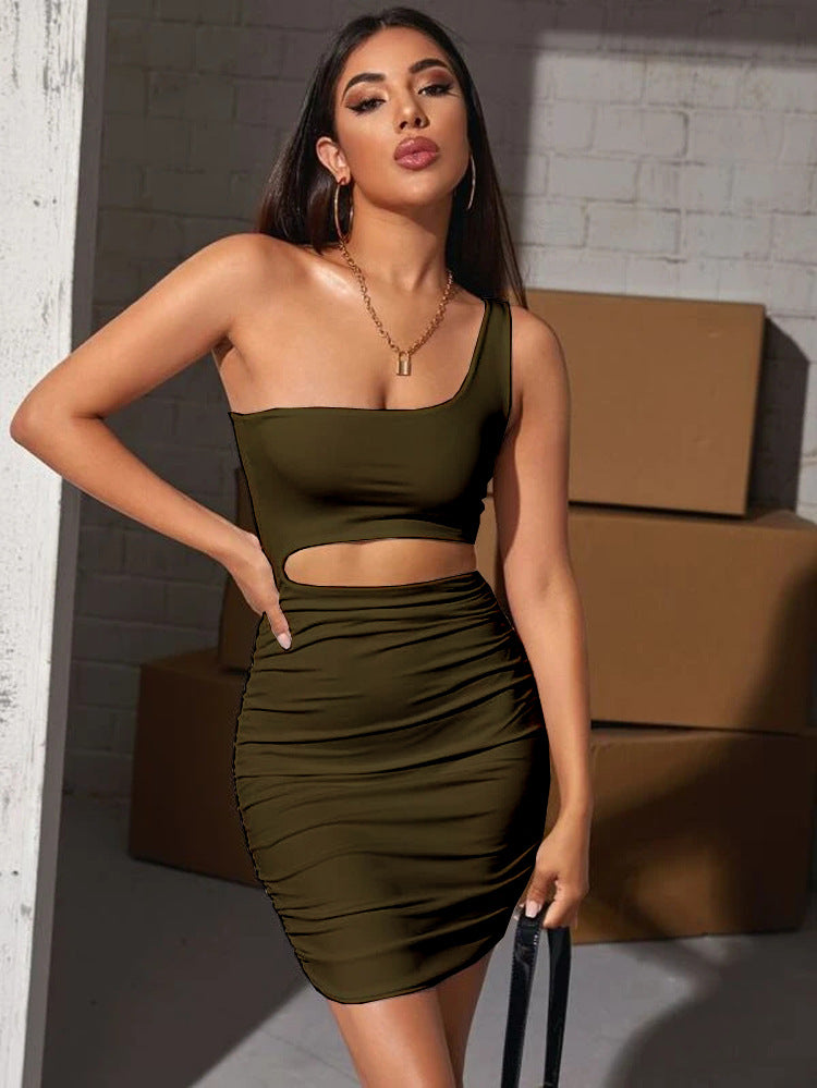Women Sleeveless Slash Shoulder Hollow Pleated Sexy Bodycon Dress 28