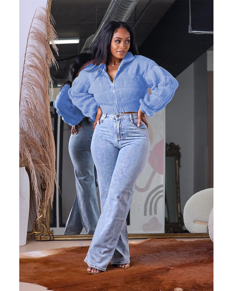 Women loose lantern sleeves Ribbed cuffs zipper sweater 6