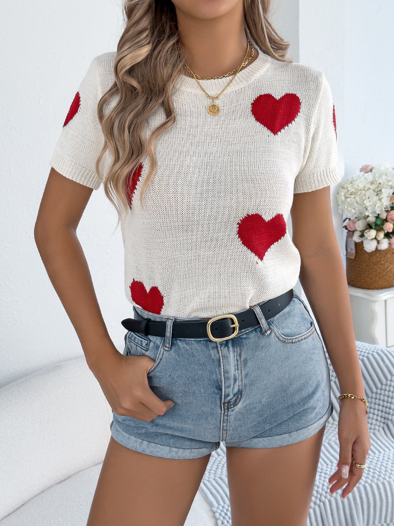 Women Spring and Summer Casual Contrast Heart Print Short Sleeve Knitting Top 4