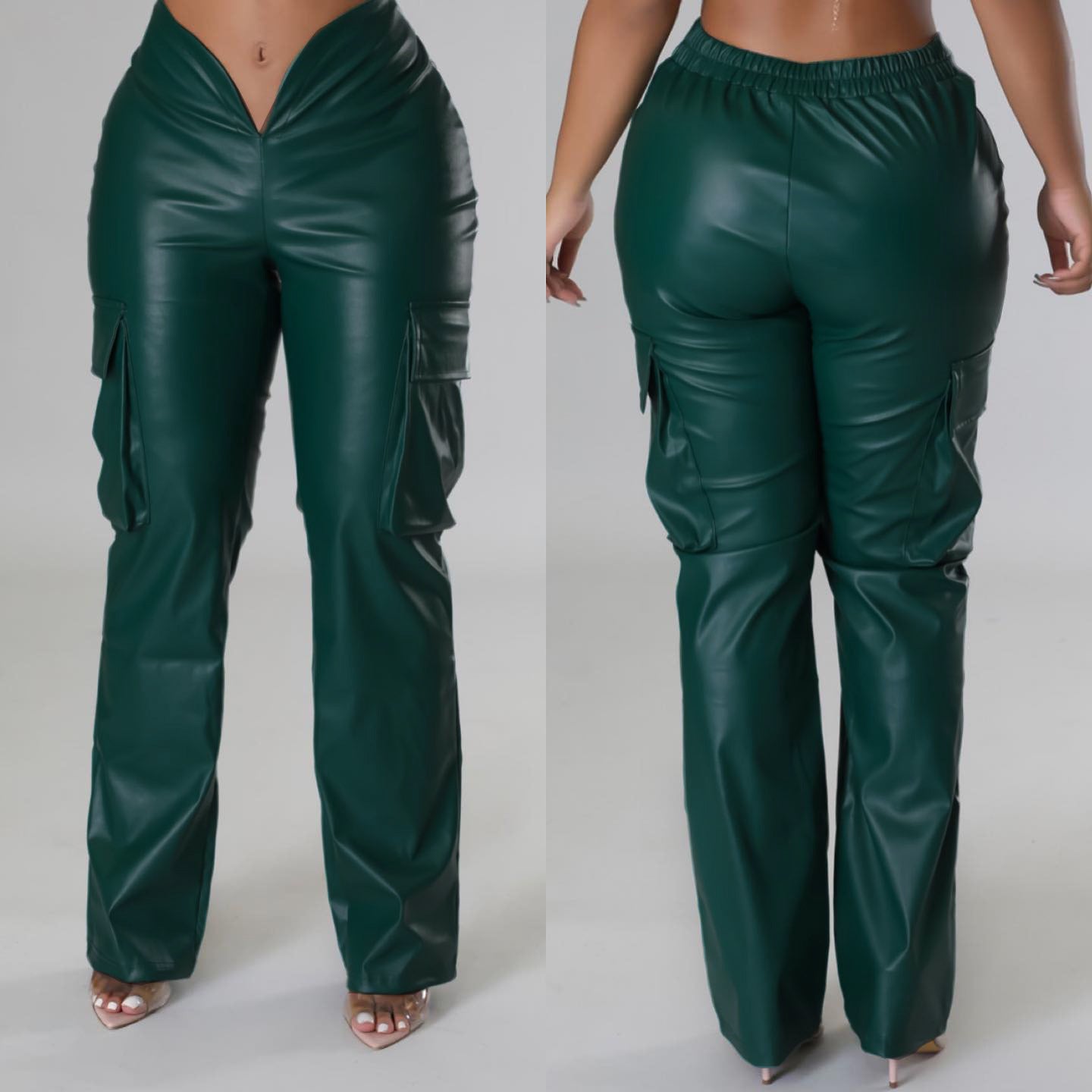 Women Casuald Pocket Stretch PU-Leather Pants 3