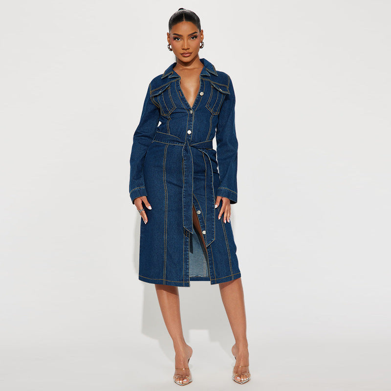 Fashion Women's Clothing Denim Long Sleeve Button Midi Dress