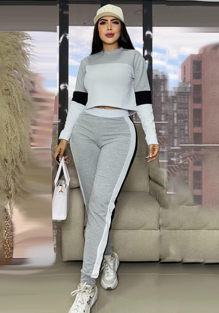Fashion Street Color Block Patchwork Long Sleeve Sweatshirt & Sport Casual Pants Two-Piece Set