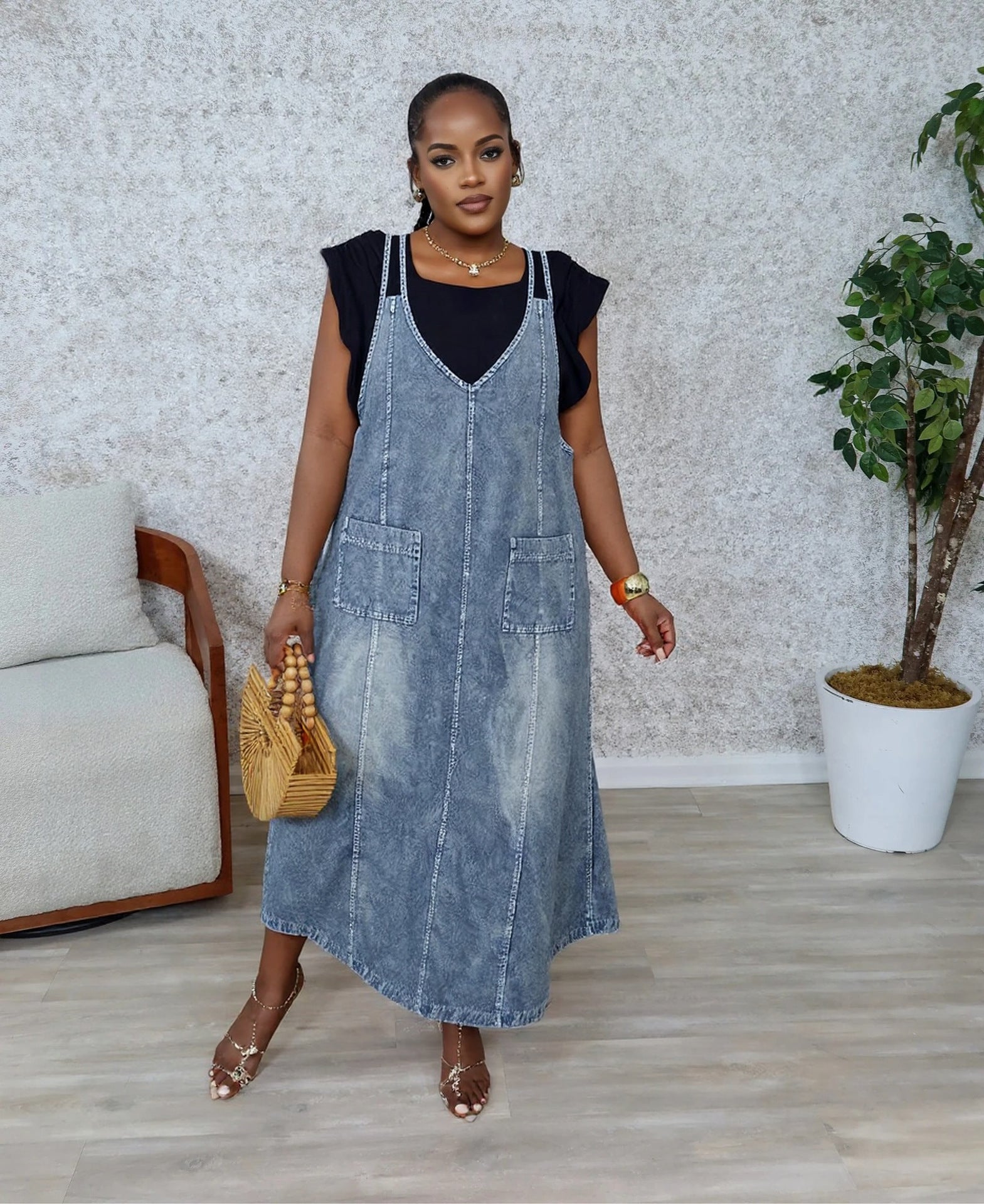 Women Retro Denim Strap Dress