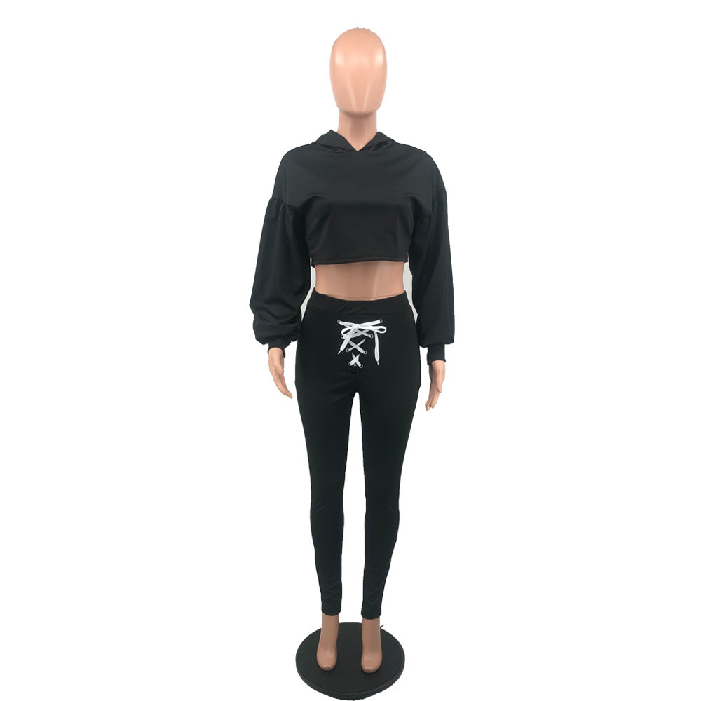 Women Autumn/Winter Long Sleeve Top+Lace-Up Pants Solid Color Two-piece Set 34