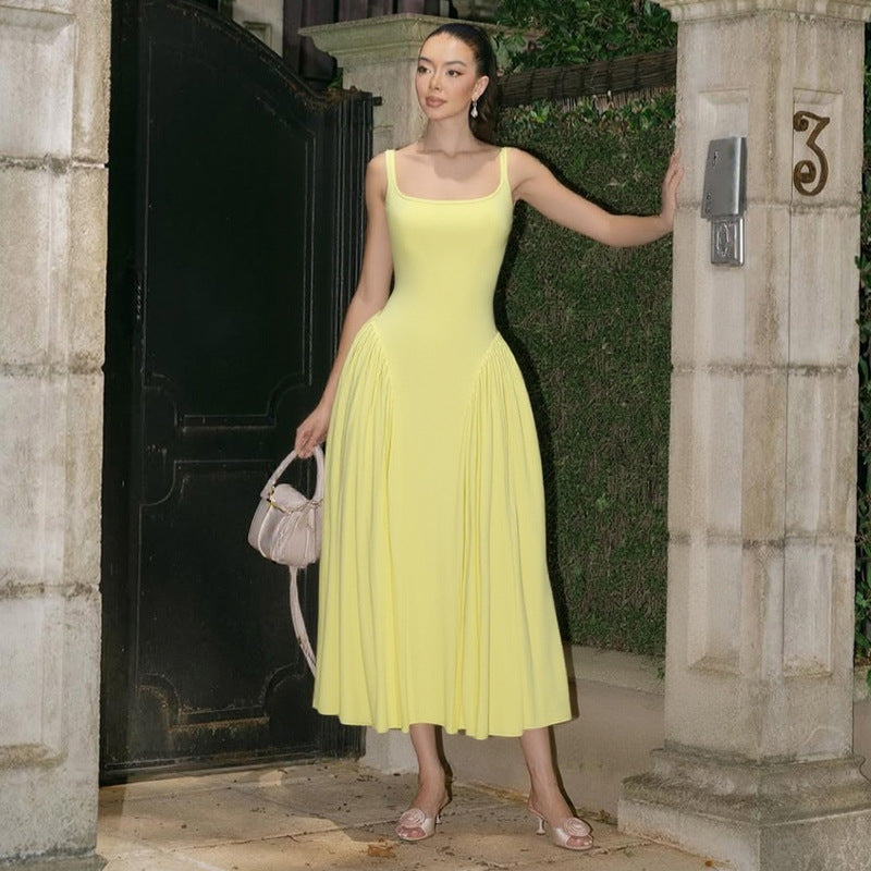 Summer Elegant Chic High Waist Solid Square Neck Strap A-line Dress