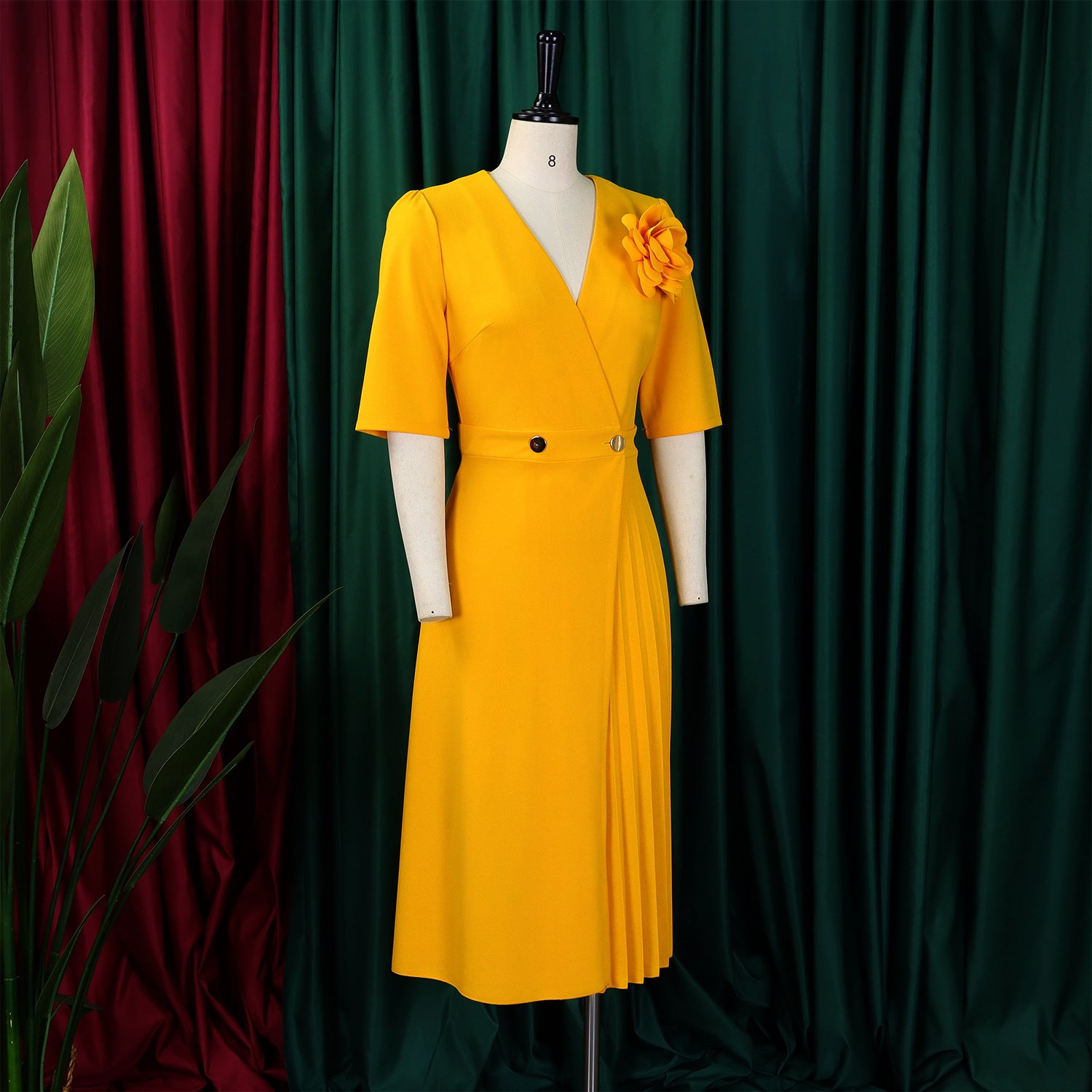 Women's Summer V-Neck Fashion Short Sleeve Solid Color Elegant Pleated African Dress 21