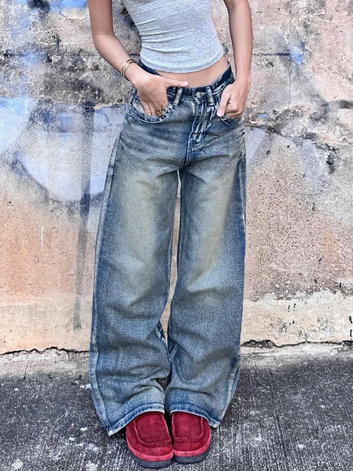 Women No Stretchy Denim Wide Leg Pants 4