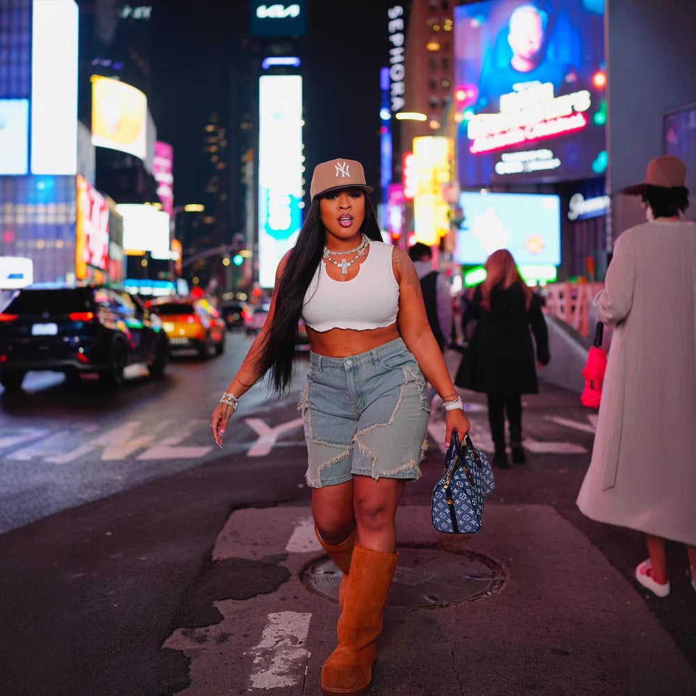 Women summer star tassel raw edge loose Denim Shorts 6