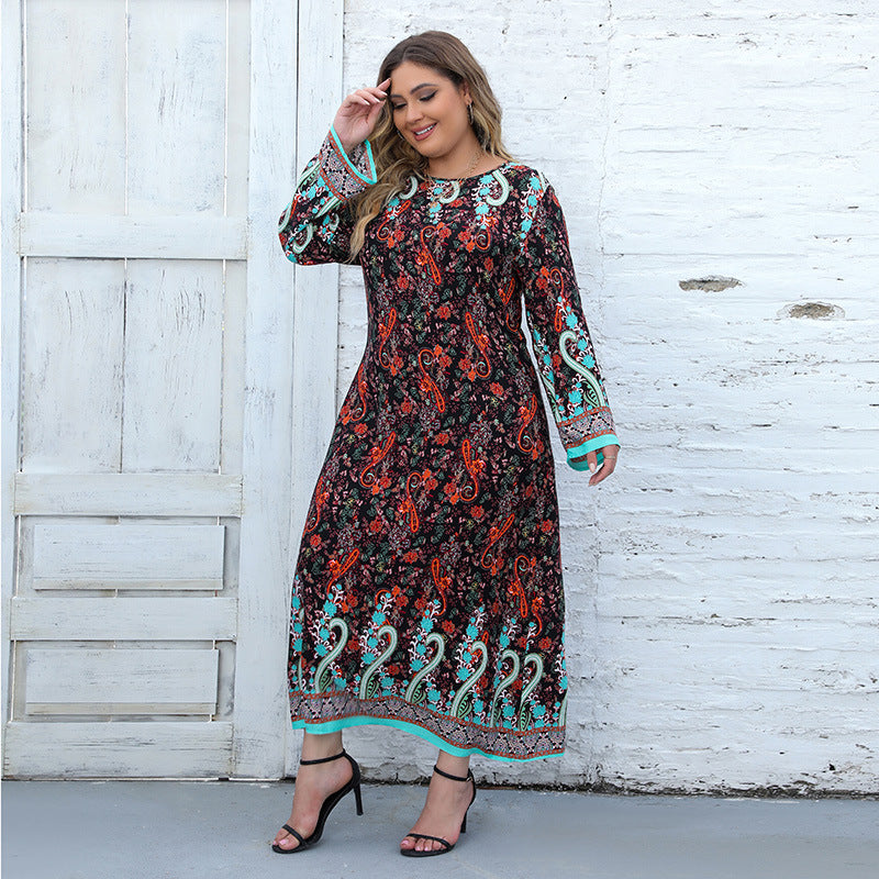 Plus Size Women Casual Long Sleeve Printed Bohemian Dress 8