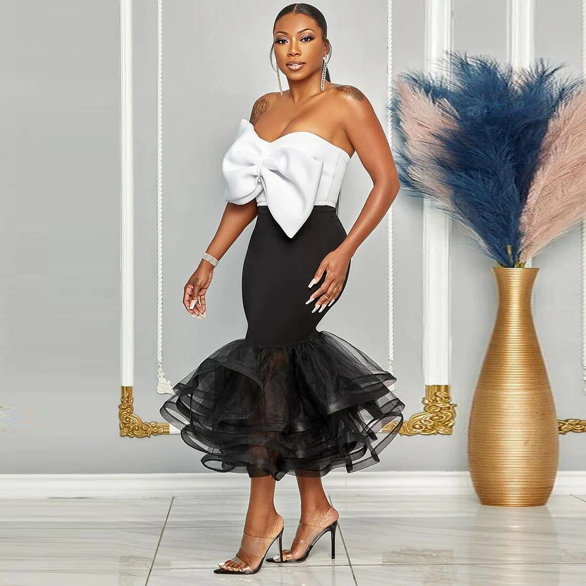 Women Sexy Contrast Strapless Off-Shoulder Bowknot Mesh Bodycon Skirt Two-Piece Set 9