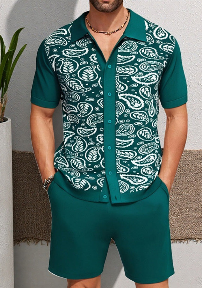 Men's Summer Knitting Polo Top and Shorts Two Piece