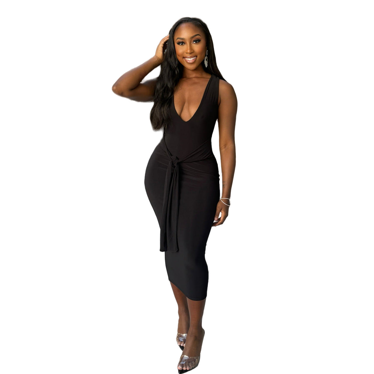 Women's Sexy Fashion V-Neck Solid Color Long Dress 8