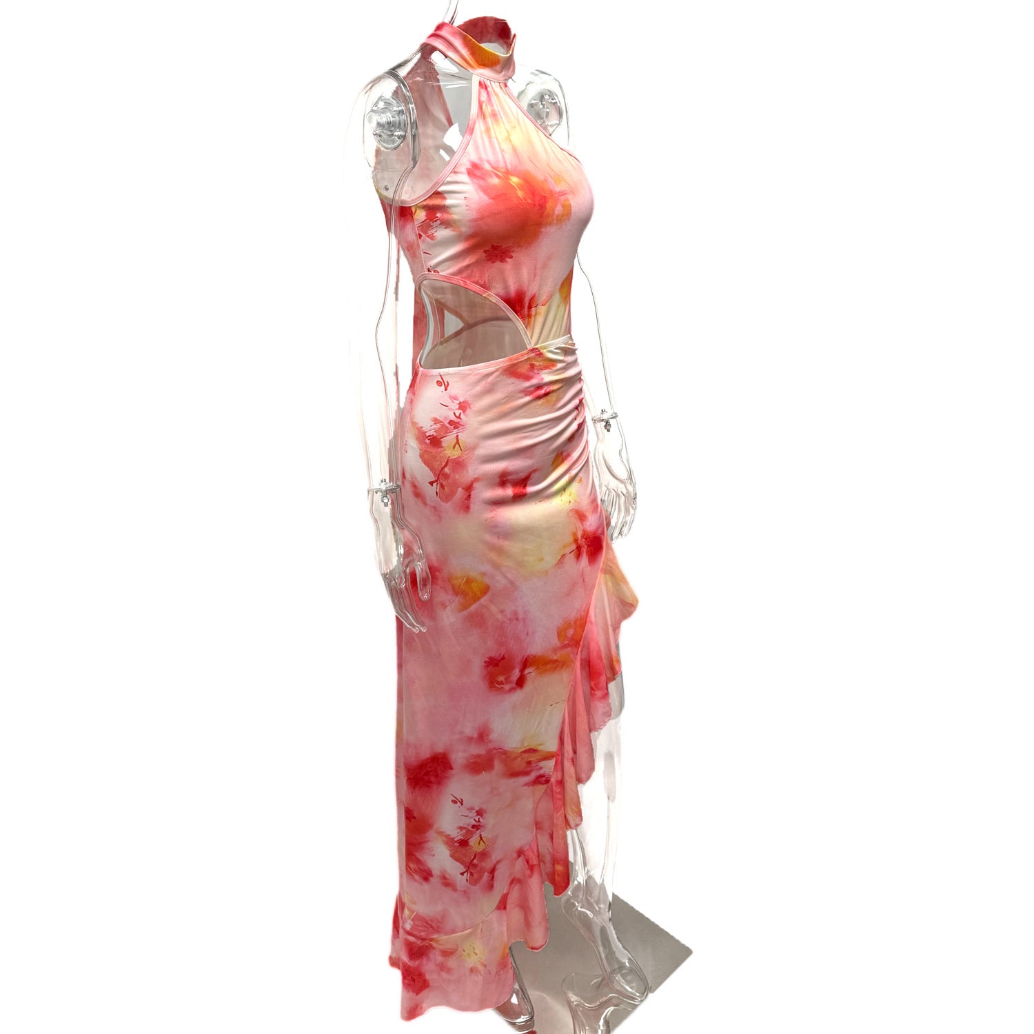 Summer Women's Sexy Print Slit Halter Neck Ribbon Holidays Dress 7