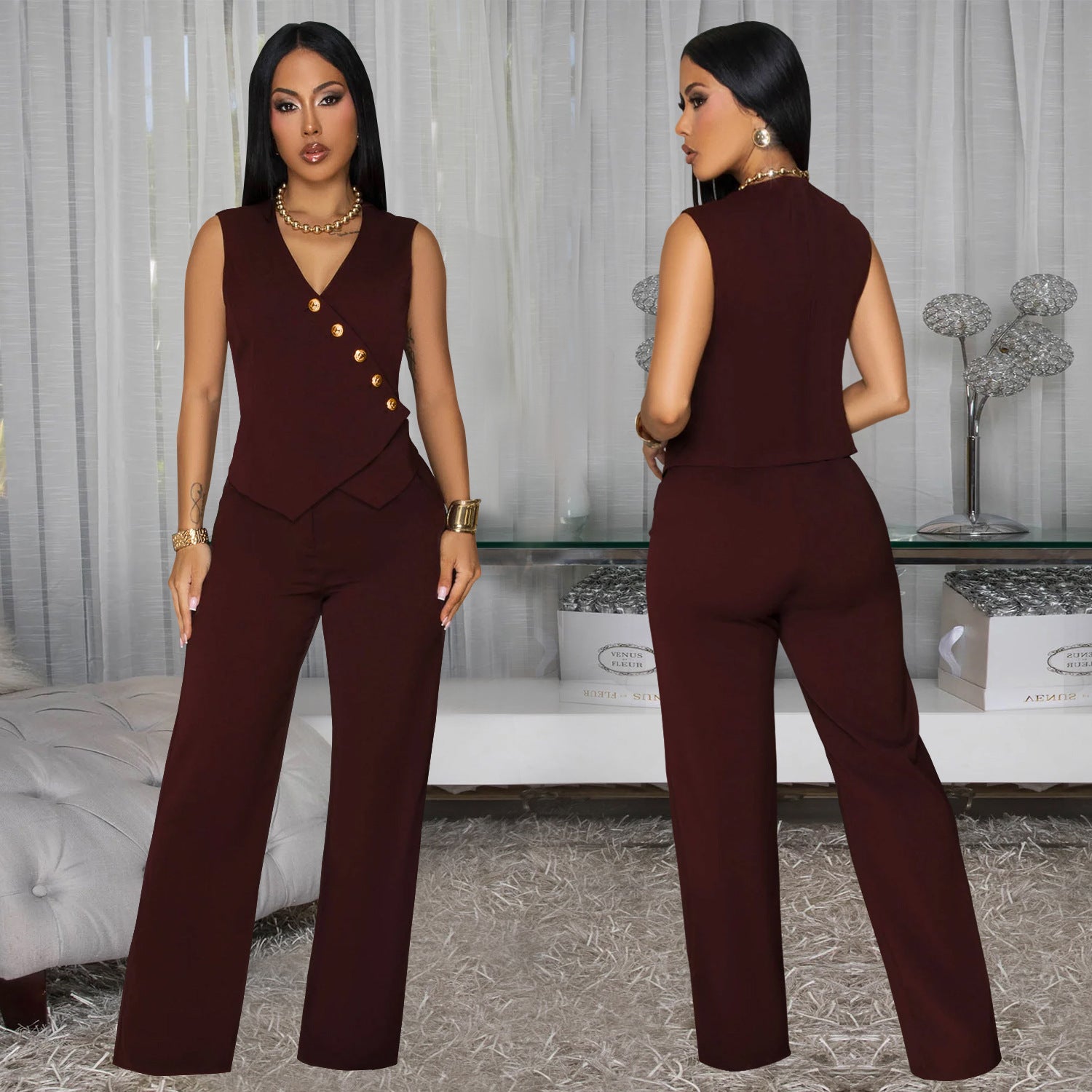 Women Casual Sleeveless V-Neck Top and Pants Two-Piece Set 4