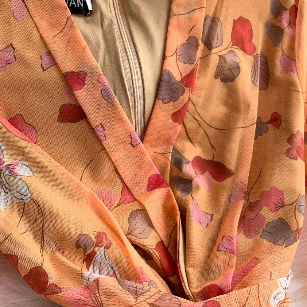 Women French Style Long-Sleeved V-Neck Lace-Up Maxi Print Bodycon Dress 25