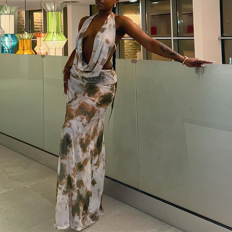 Women Casual Printed Pleated Backless Sleeveless Lace-up V Neck Top and Long SkirtTwo Piece Set 4