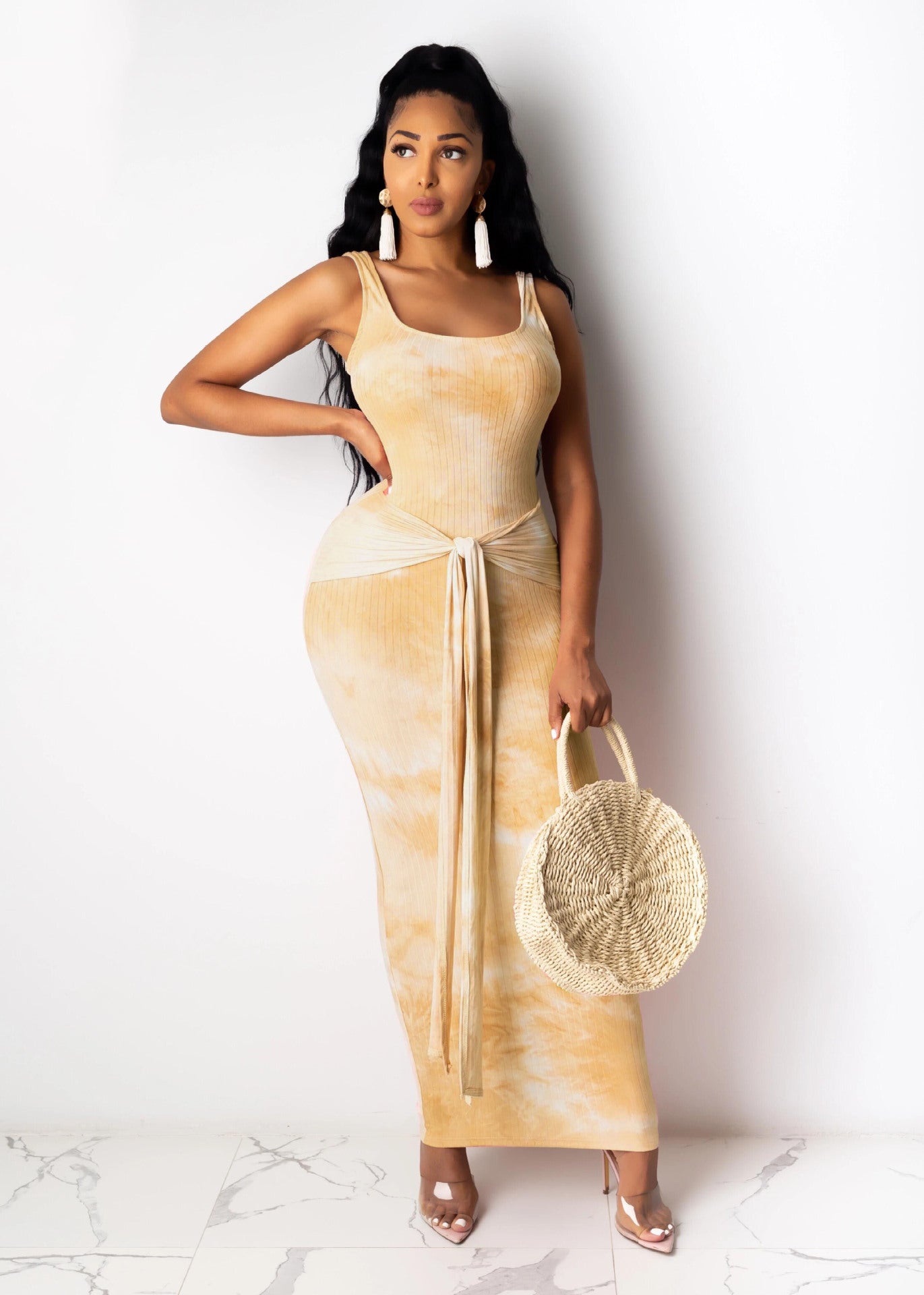 Women Ribbed Tie Dye Printed U Neck Lace-Up Dress