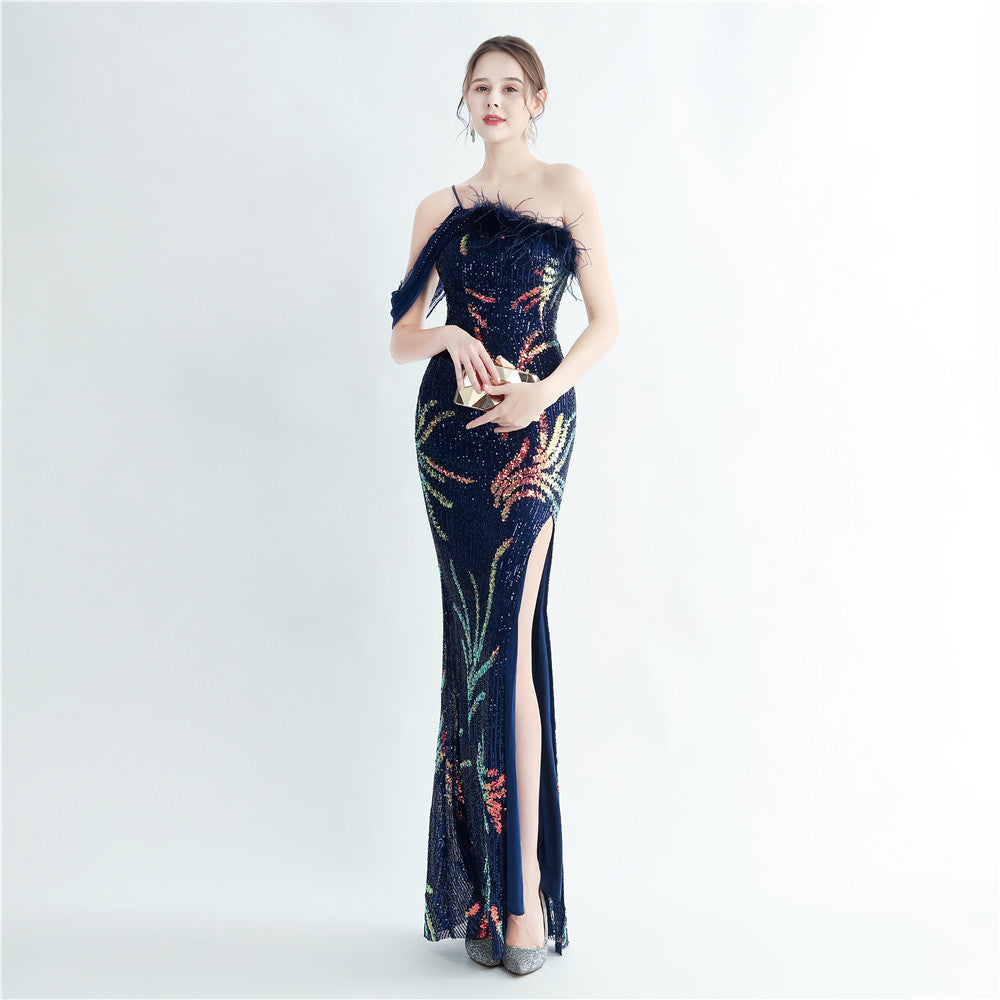 Women ostrich fur beaded evening dress 4