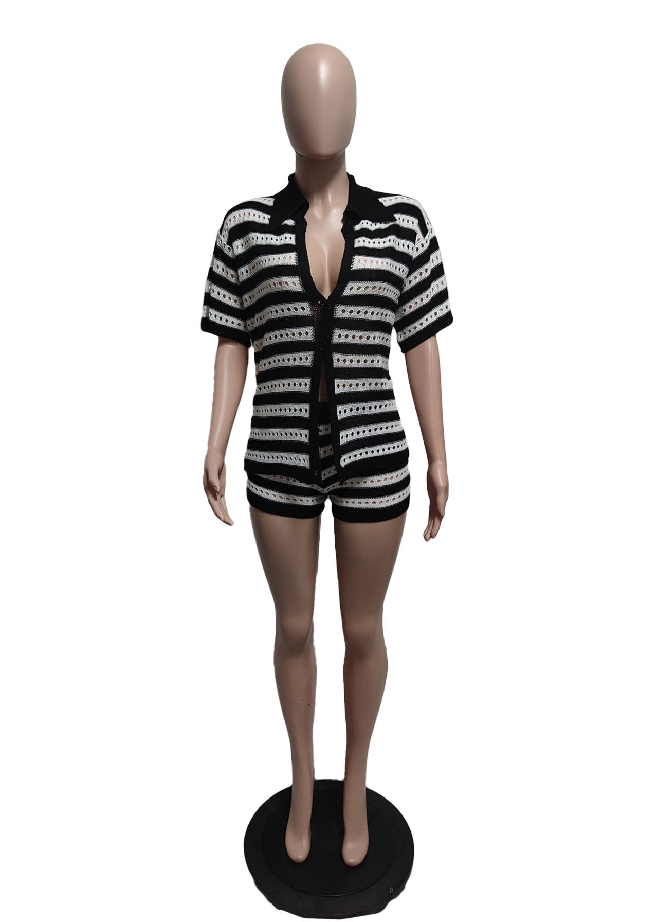 Women Sexy Hollow See-Through Turndown Collar Top and Knitting ShortsTwo Piece Set 8