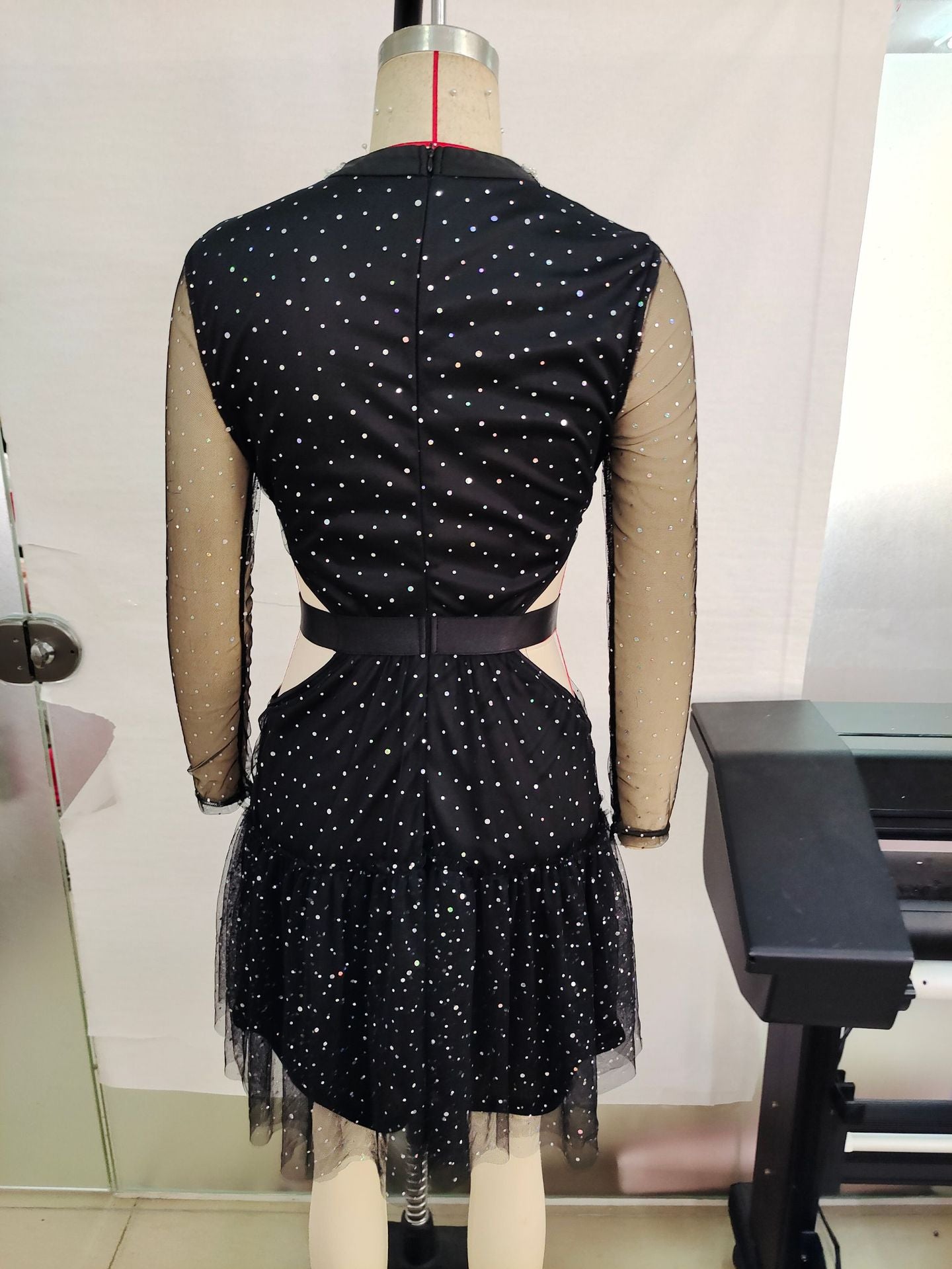 Fashion Sexy Polka Dot Rhinestone Black Sexy Mesh Slim Waist Party Dress 3